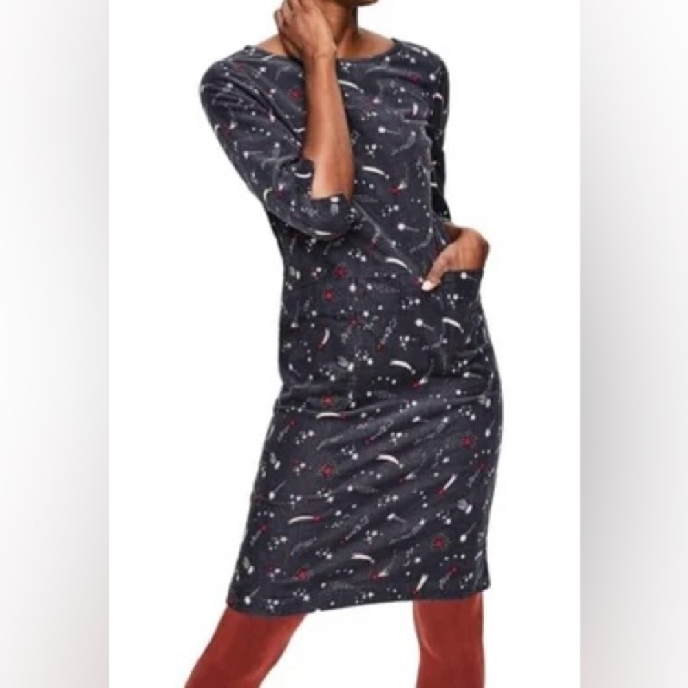 Boden Shooting Stars baby wale corduroy print dress zip back pockets 3/4 sleeve